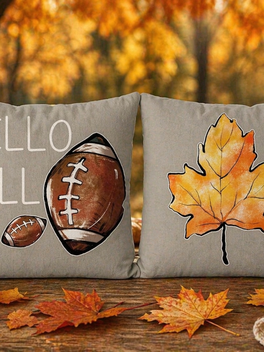 Set Of 2 Fall Football Decorative Throw Accent Pillows Leaf & Football Design